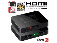 ProK   Distribuidor HDMI 1 Entrada 2 Saídas 4K  - Distribuidor amplificado HDMI 2 salidas, Máxima resolución Ultra HD 4Kx2K, 1 entrada HDMI hembra, 2 salidas HDMI hembra, Admite video 3D, ancho de banda de hasta 300 MHz, Alimentación: cable USB 5V...